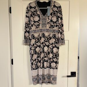 London Times Black and Cream Floral Long Sleeve Dress NWT